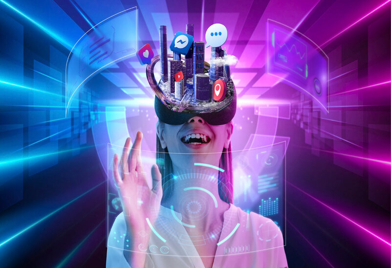 what is metaverse |Image: person wearning VR headset touching virtual screen |lo| logic worker